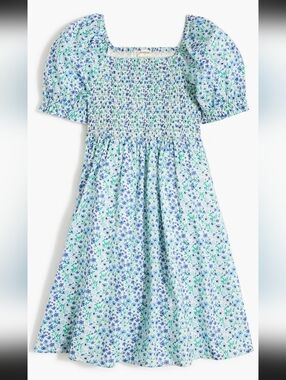 Crewcuts Blue and Green Floral Smocked Puff-Sleeve Dress